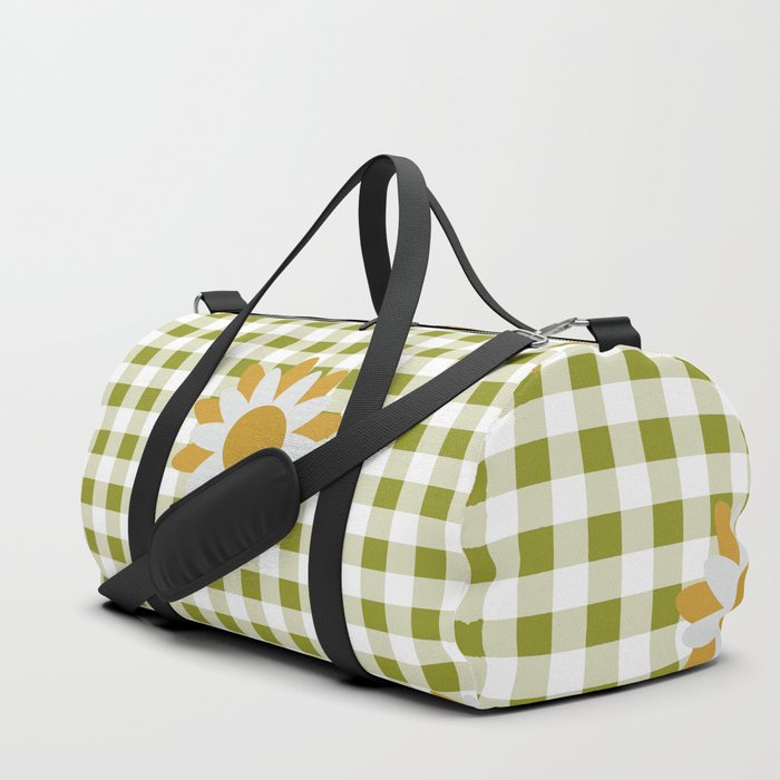 Green Colored Checker Board Effect Grid Illustration with Yellow Gold Mustard Daisy Flowers Duffle Bag