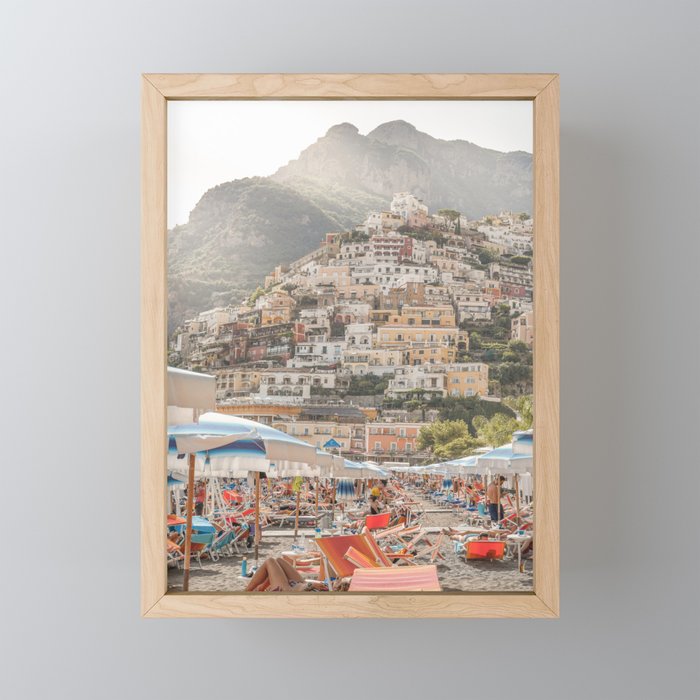 Positano Beach Umbrellas Photo | Amalfi Coast Village In Italy Art Print | Europe Summer Travel Photography Framed Mini Art Print