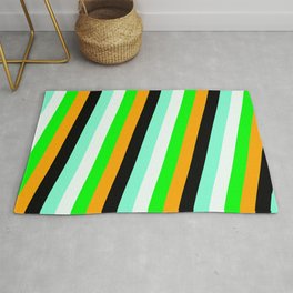 [ Thumbnail: Vibrant Lime, Orange, Black, Aquamarine & Mint Cream Colored Pattern of Stripes Rug ]
