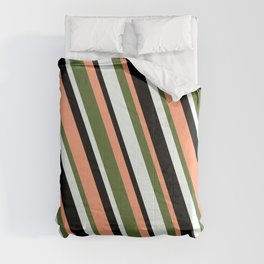 [ Thumbnail: Light Salmon, Dark Olive Green, Mint Cream, and Black Colored Pattern of Stripes Comforter ]