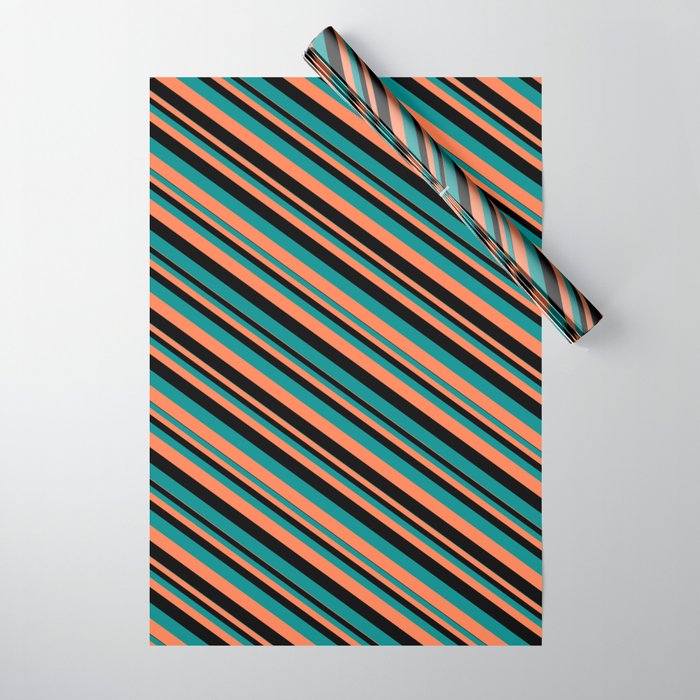 Black, Dark Cyan & Coral Colored Striped Pattern Wrapping Paper
