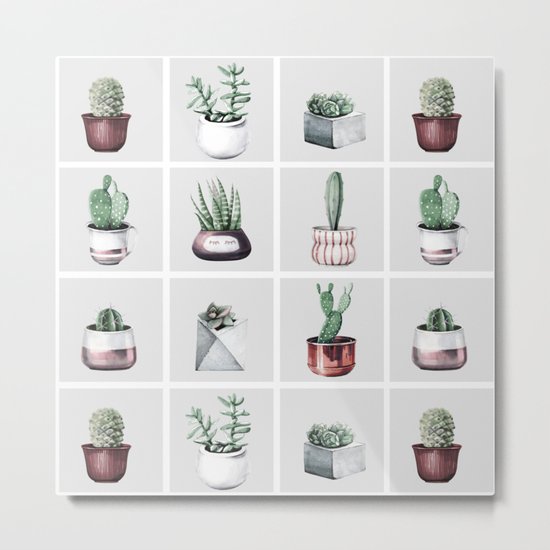 Cactus Bunch Grid Rose Gold Gray Green Metal Print