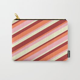 [ Thumbnail: Light Yellow, Brown, Coral & Light Pink Colored Stripes/Lines Pattern Carry-All Pouch ]