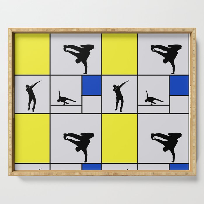 Street dancing like Piet Mondrian - Yellow, and Blue on the grey background Serving Tray