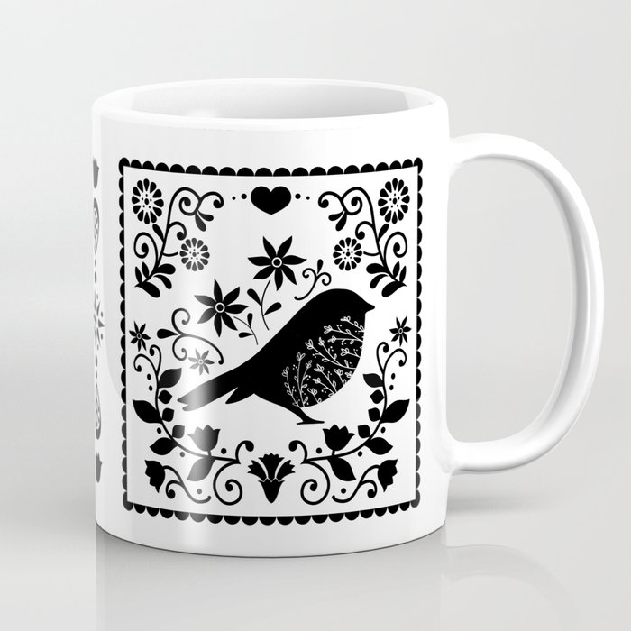 Woodland Folk Black And White Blue Bird Tile Coffee Mug by Little