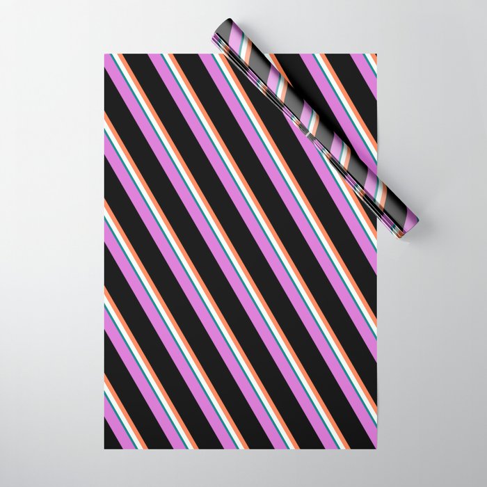 Orchid, Black, Coral, Mint Cream, and Teal Colored Lines/Stripes Pattern Wrapping Paper