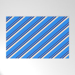 [ Thumbnail: Blue, Midnight Blue, and Beige Colored Striped Pattern Welcome Mat ]