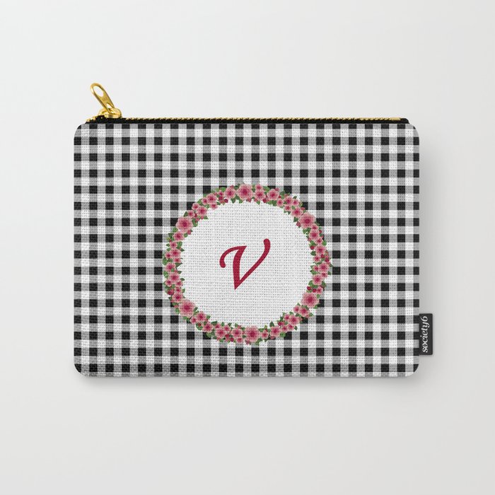 Pink Roses Monogram - black V Carry-All Pouch