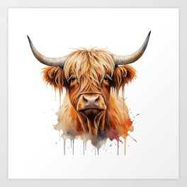 Highland Cattle Cow Longhaired Watercolor  Art Print