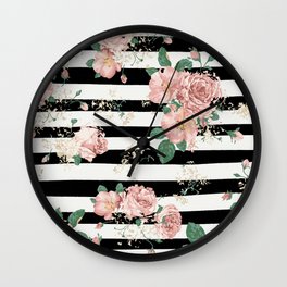 VINTAGE FLORAL ROSES BLACK AND WHITE STRIPES Wall Clock