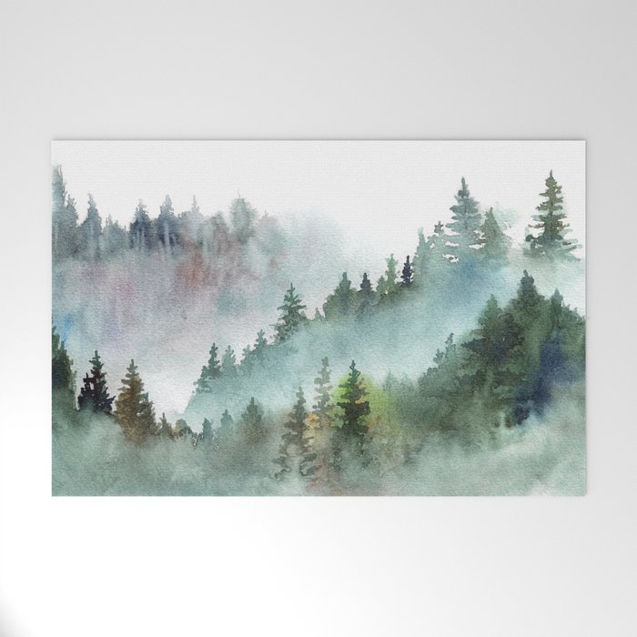 Watercolor Pine Forest Mountains in the Fog Welcome Mat