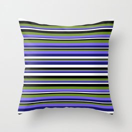 [ Thumbnail: Eye-catching Black, Green, Medium Slate Blue, Midnight Blue, and White Colored Stripes/Lines Pattern Throw Pillow ]