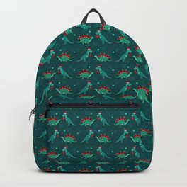 Cute Christmas Dinosaurs with Gift, Santa's Hats and Falling Stars, Teal Green Colors Backpack