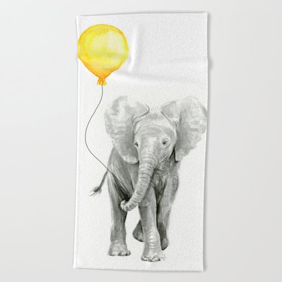 Elephant Watercolor Yellow Balloon Whimsical Baby Animals Beach Towel