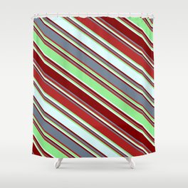 [ Thumbnail: Eyecatching Light Green, Light Cyan, Maroon, Slate Gray, and Red Colored Lines Pattern Shower Curtain ]