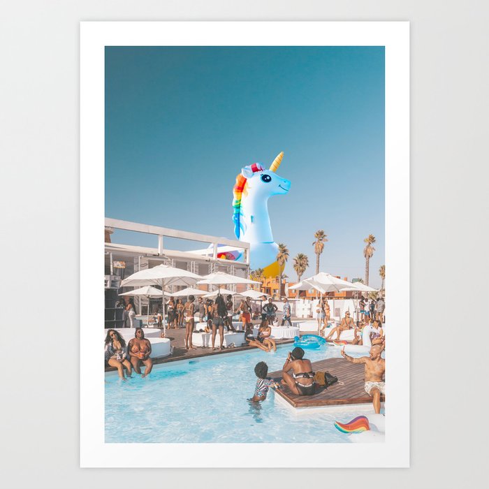 Playing unicorn horse in pool party Art Print