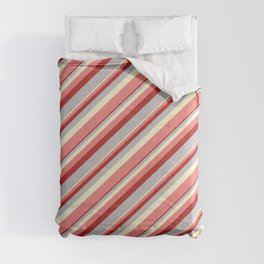 [ Thumbnail: Light Yellow, Light Coral, Red, and Grey Colored Lines/Stripes Pattern Comforter ]