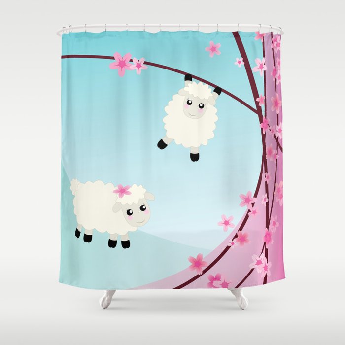 Spring Cherry Blossom and Sheep Graphic Art Shower Curtain