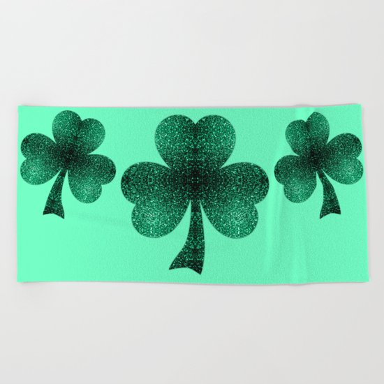 Emerald green shamrock clover sparkles Beach Towel