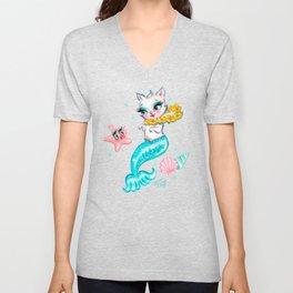 Tropical Merkitten with Lei and Starfish V Neck T Shirt
