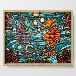 Sea horses couple painting, colorful ocean life Serving Tray