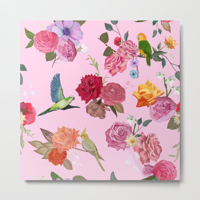 Beautiful roses and tropical birds pink Metal Print