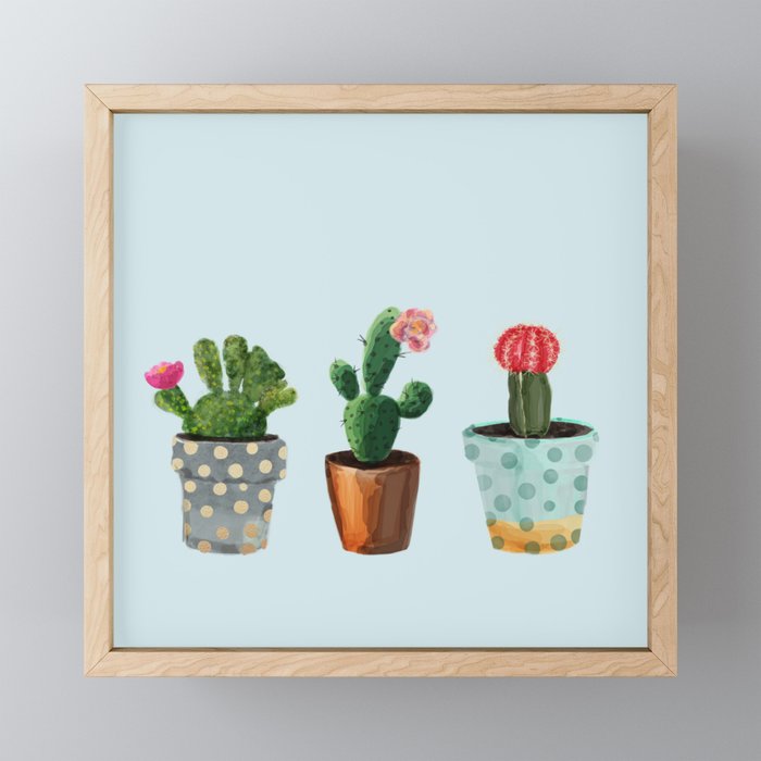 Three Cacti With Flowers On Light Blue Background Framed Mini Art Print