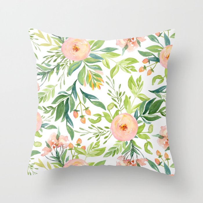 Happy Coral Pink + Green Rose Garden Throw Pillow