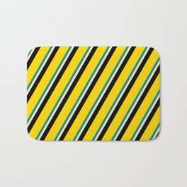 [ Thumbnail: Dark Cyan, Beige, Black & Yellow Colored Stripes/Lines Pattern Bath Mat ]