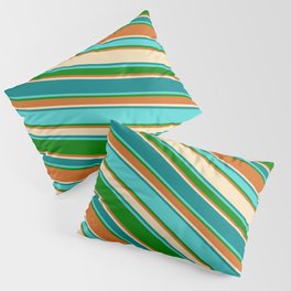 [ Thumbnail: Colorful Tan, Teal, Turquoise, Green, and Chocolate Colored Lines Pattern Pillow Sham ]