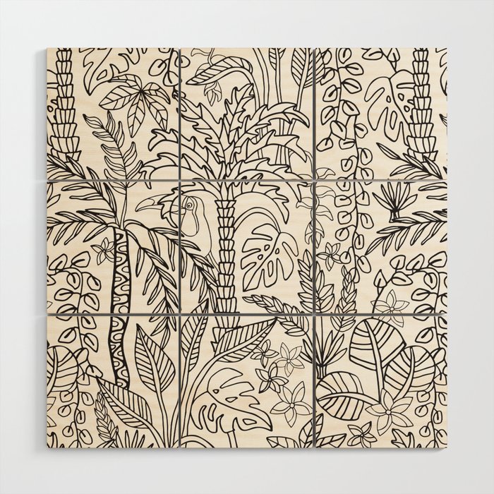 COLORING BOOK JUNGLE FLORAL DOODLE TROPICAL PALM TREES WITH TOUCAN in BLACK AND WHITE Wood Wall Art
