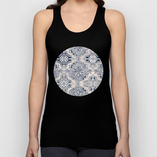 Brush and Ink Watercolor Pattern in Indigo and Cream Unisex Tank Top