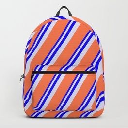 [ Thumbnail: Blue, Lavender & Coral Colored Lines/Stripes Pattern Backpack ]
