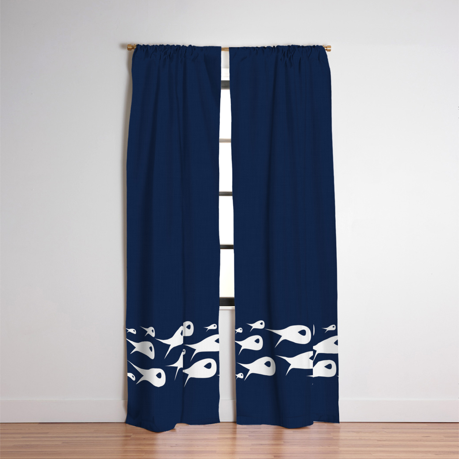 Fish Stripe 2 Minimalist Mid Century Modern Fish School In White On Nautical Navy Blue Solid Blackout Curtain By Kierkegaart