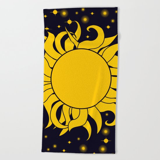 Bold Yellow Sun & Stars On Dark Blue Beach Towel