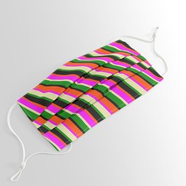 [ Thumbnail: Red, Fuchsia, Pale Goldenrod, Green, and Black Colored Pattern of Stripes Face Mask ]