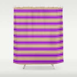[ Thumbnail: Tan and Dark Violet Colored Lined/Striped Pattern Shower Curtain ]