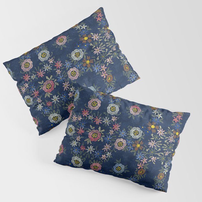 Modern embroidered flowers dark blue Pillow Sham