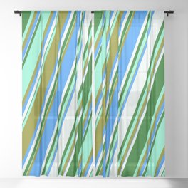 [ Thumbnail: Aquamarine, Green, Blue, Mint Cream, and Dark Green Colored Lined/Striped Pattern Sheer Curtain ]
