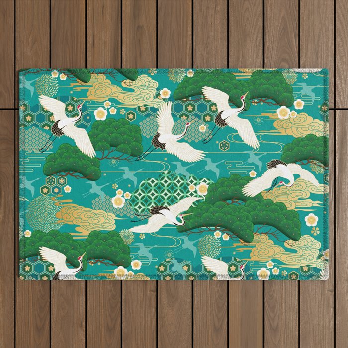 Japanese Flying Crane Aqua Mint Forest Pattern Outdoor Rug