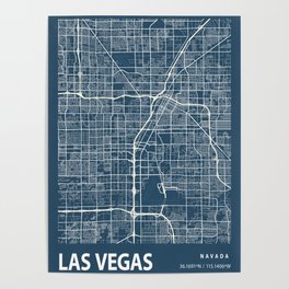 Las Vegas Blueprint Street Map, Las Vegas Colour Map Prints Poster
