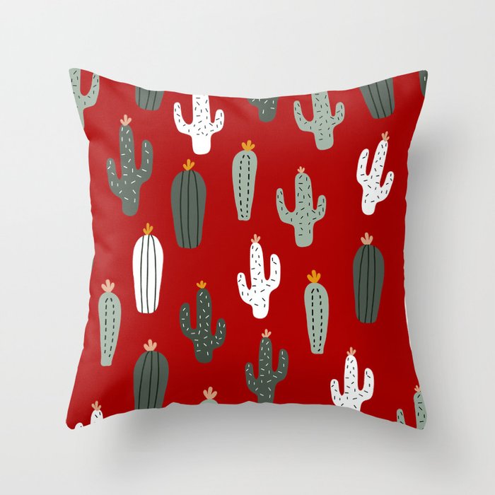 Christmas, Cactus, Red, White and Green, Cute Prints Throw Pillow