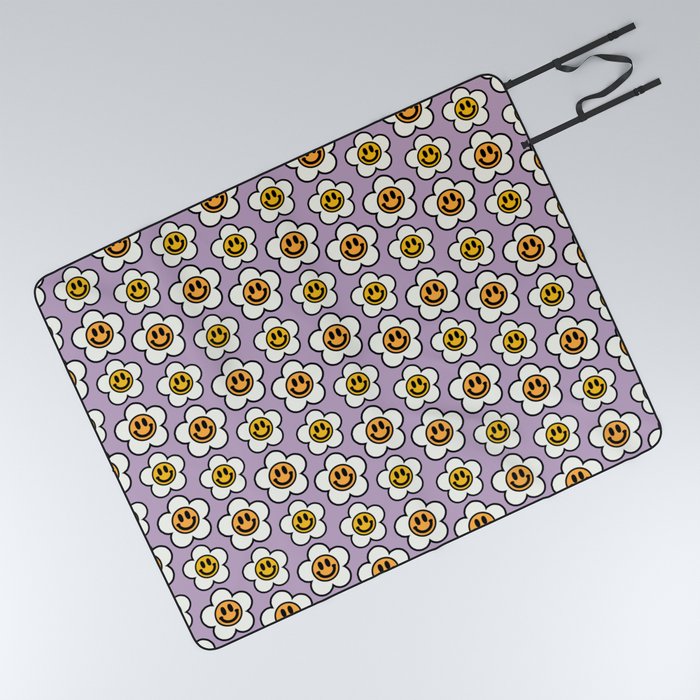 Bold And Funky Flower Smileys Pattern (Muted Lavender BG) Picnic Blanket