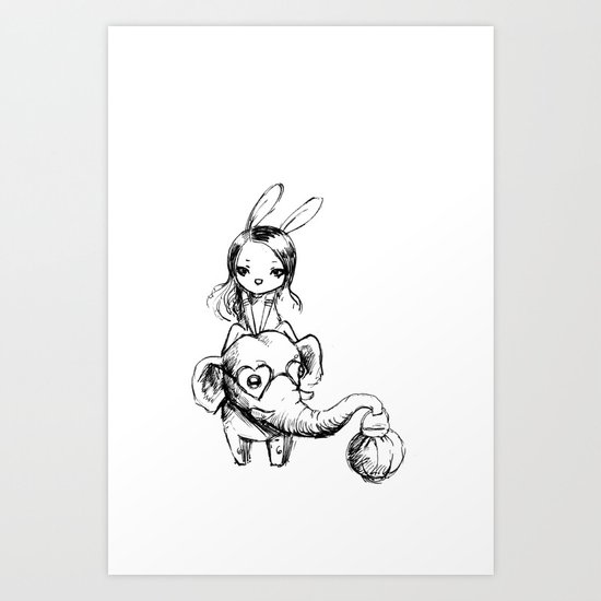 Stylish elephant and bunny girl Art Print
