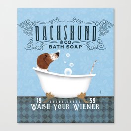 Dachshund Wiener Dog doxie piebald wash your wiener bath tub bubble soap clawfoot tub Canvas Print