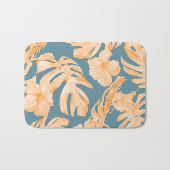 Island Hibiscus Palm Coral Teal Blue Bath Mat