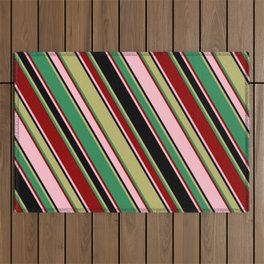 [ Thumbnail: Colorful Pink, Black, Dark Khaki, Sea Green & Dark Red Colored Pattern of Stripes Outdoor Rug ]