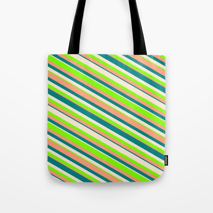 Beige, Chartreuse, Light Salmon, and Teal Colored Lines Pattern Tote Bag