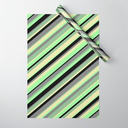 [ Thumbnail: Eye-catching Dark Sea Green, Pale Goldenrod, Green, Black, and Gray Colored Stripes Pattern Wrapping Paper ]