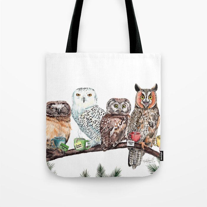 Tea owls , funny owl tea time painting by Holly Simental Tote Bag